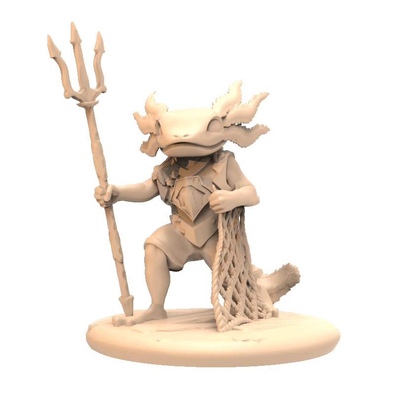Axolotl Fighter Mini | Trident and Net Resin Table Top RPG Figure | Fantasy Tabletop Miniature