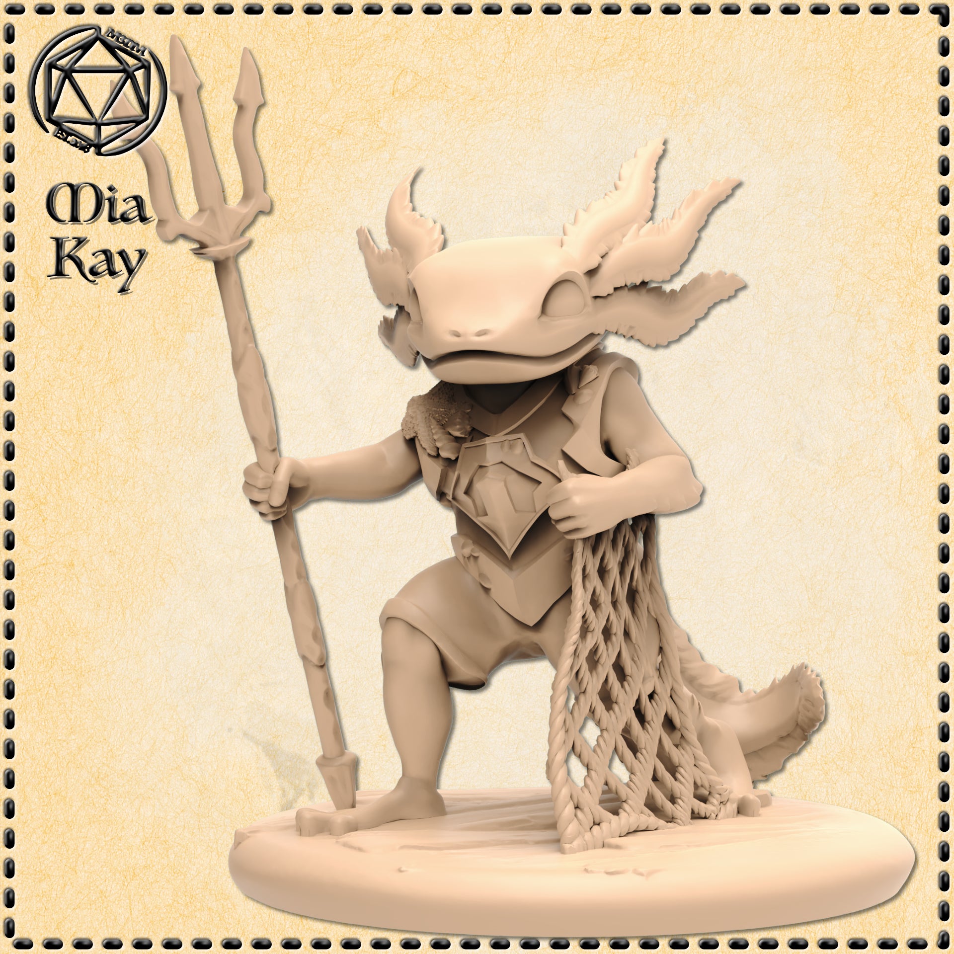 Axolotl Fighter Mini | Trident and Net Resin Table Top RPG Figure | Fantasy Tabletop Miniature