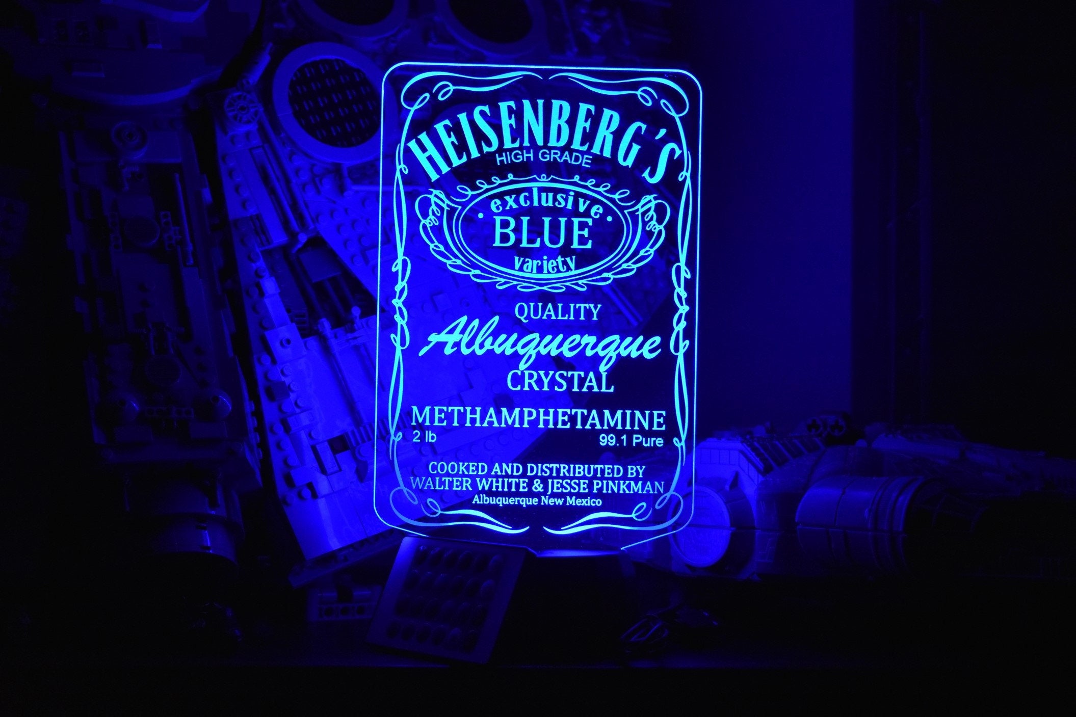 Heisenberg's Blue Meth LED sign perfect as a gift for your chemists. Place in Man caves, bars, garages, desks.