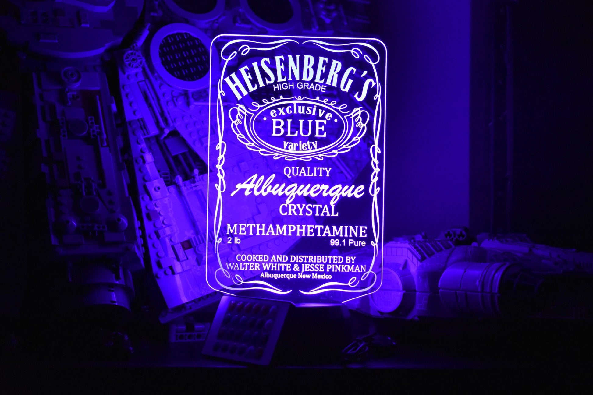 Heisenberg's Blue Meth LED sign perfect as a gift for your chemists. Place in Man caves, bars, garages, desks.