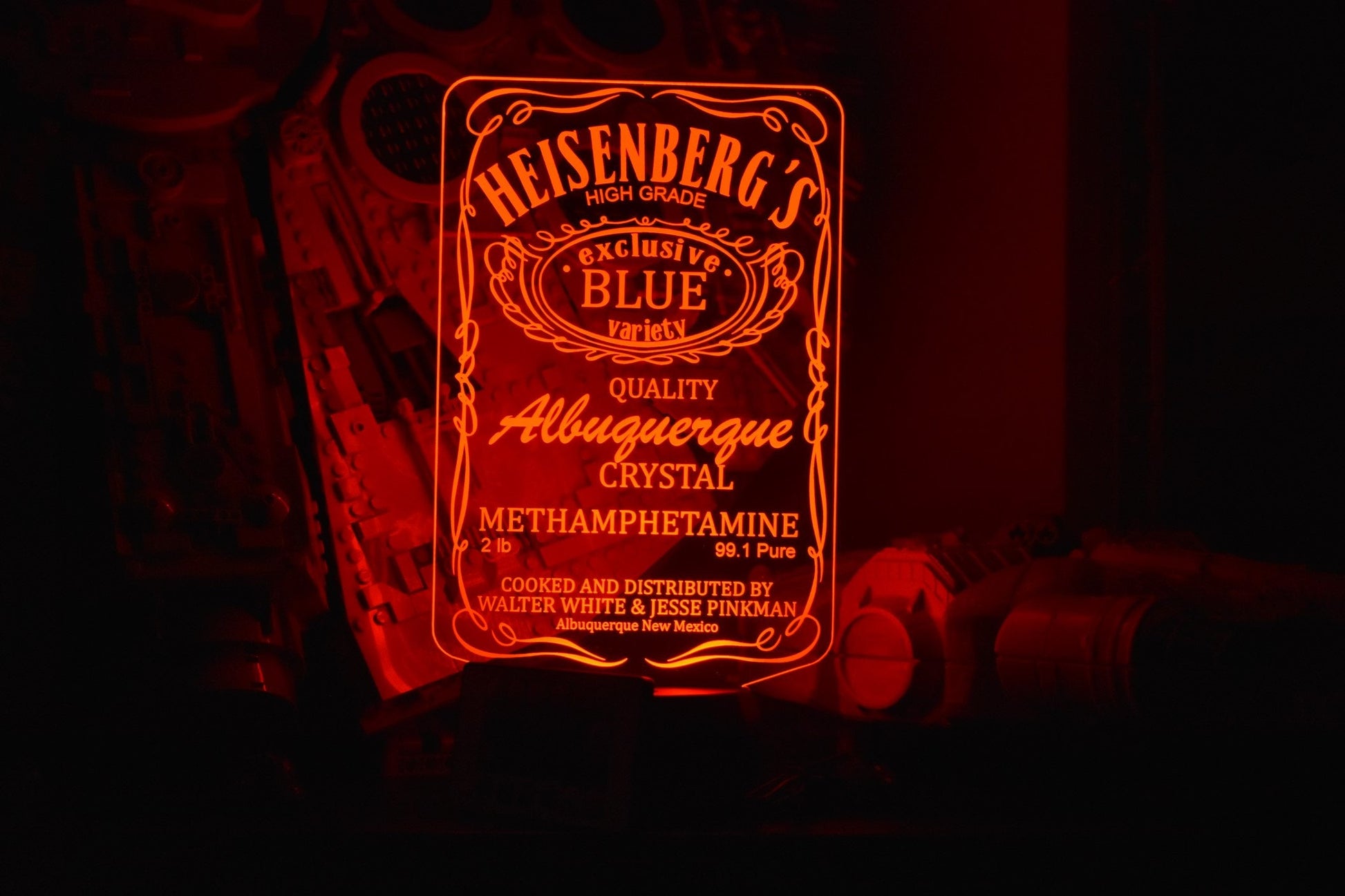 Heisenberg's Blue Meth LED sign perfect as a gift for your chemists. Place in Man caves, bars, garages, desks.