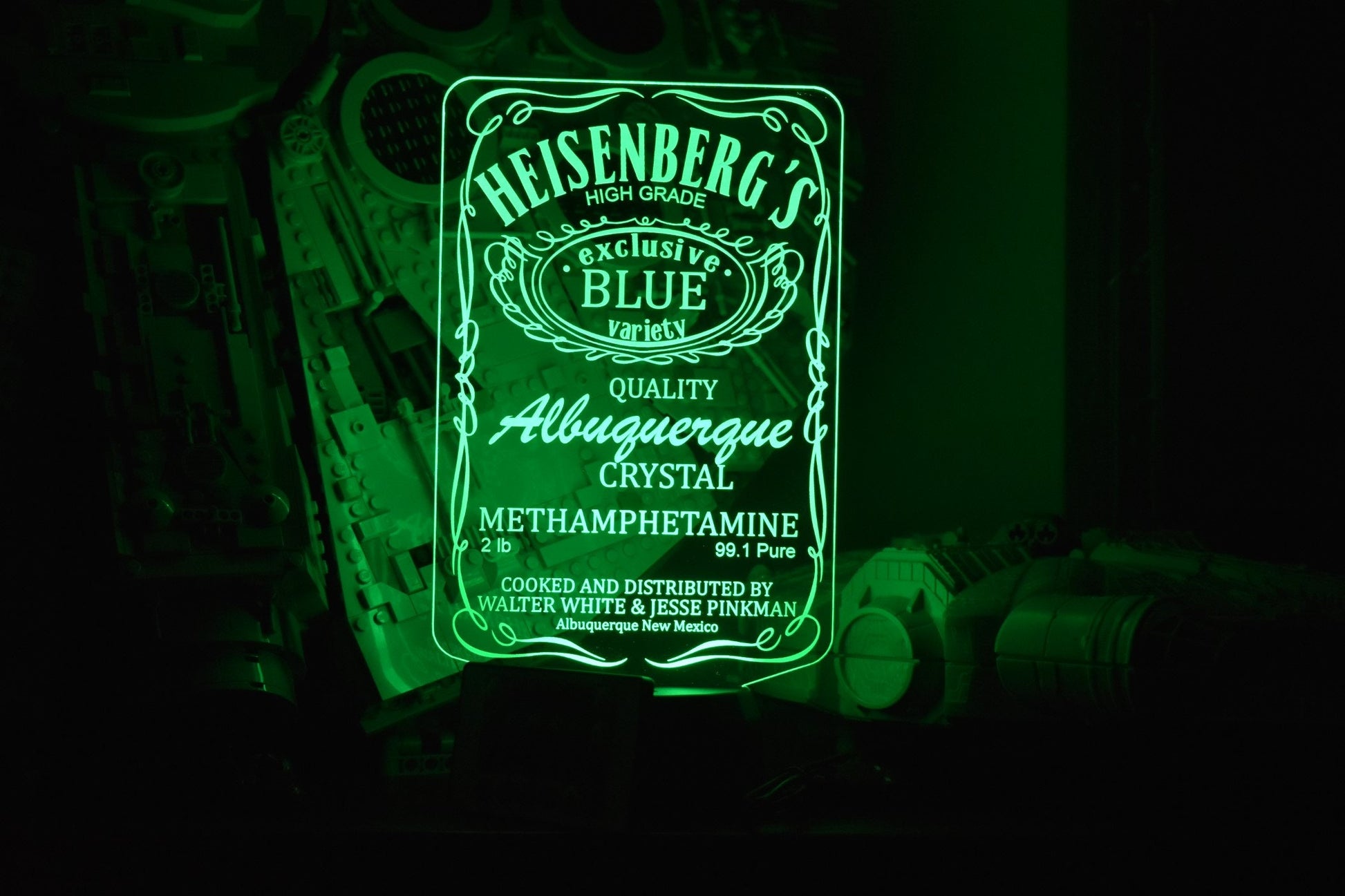 Heisenberg's Blue Meth LED sign perfect as a gift for your chemists. Place in Man caves, bars, garages, desks.