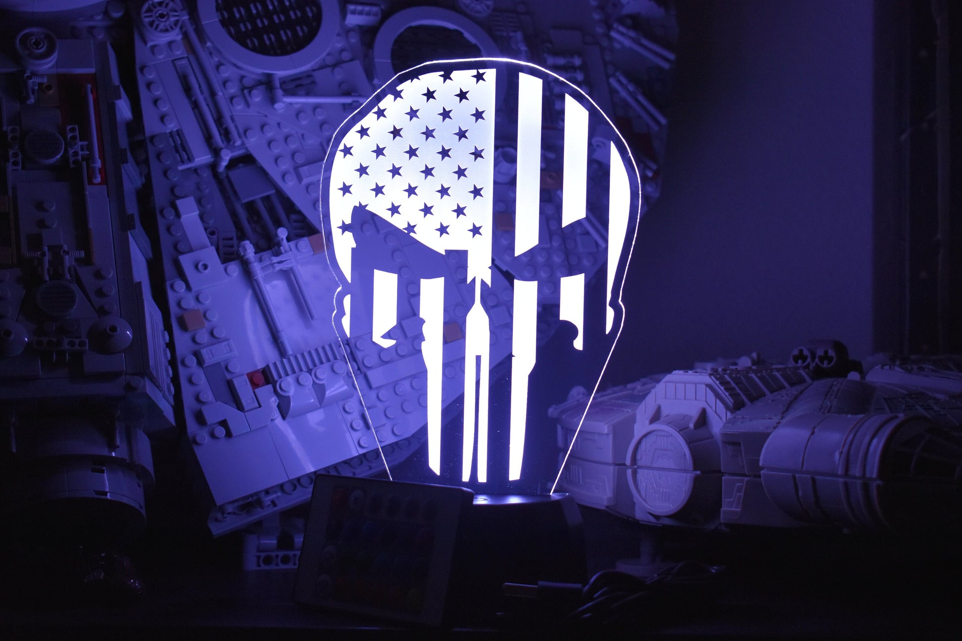 US Flag Punisher Skull LED Lamp perfect as a gift. Place in Man caves, bars, garages, desks.