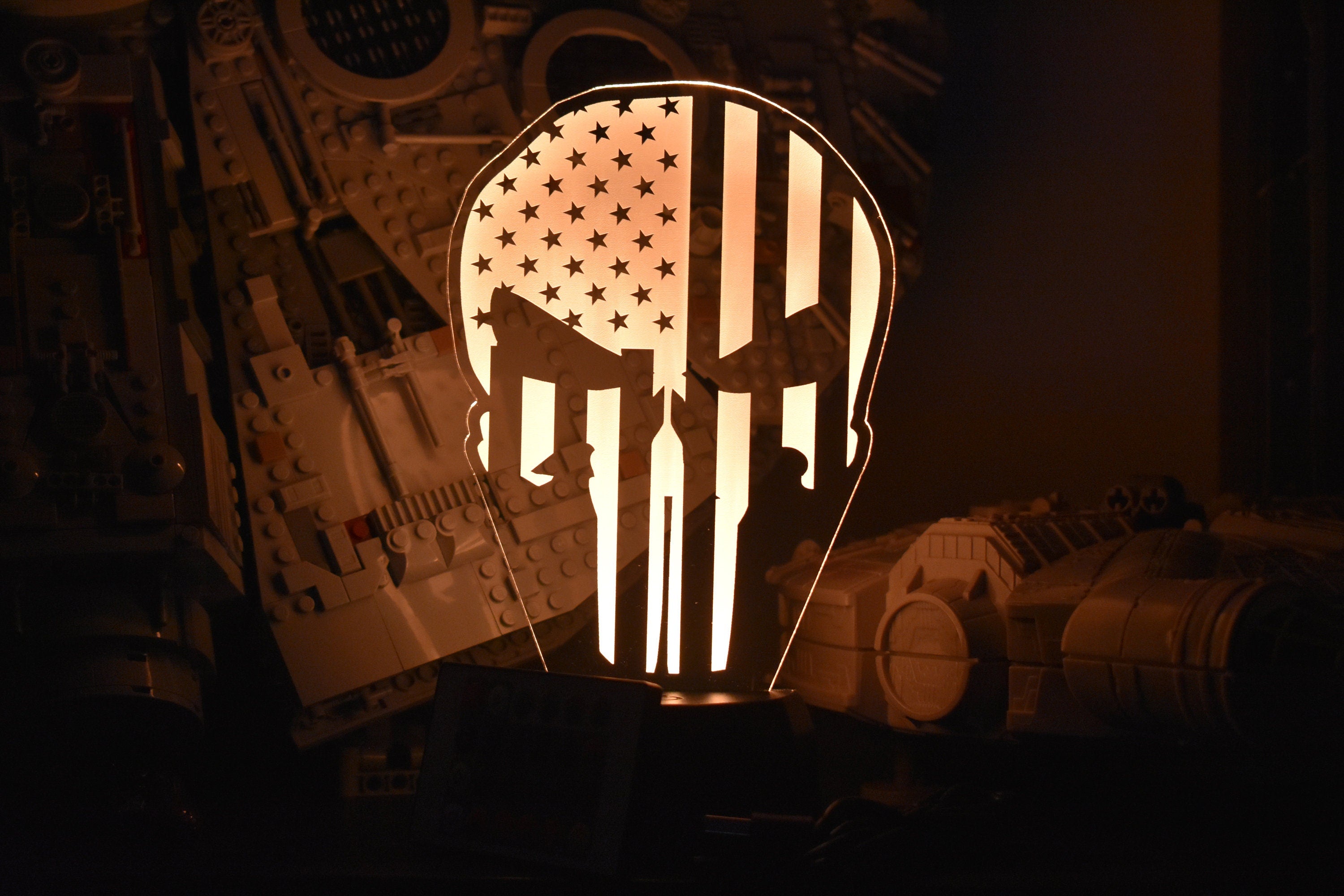US Flag Punisher Skull LED Lamp perfect as a gift. Place in Man caves, bars, garages, desks.