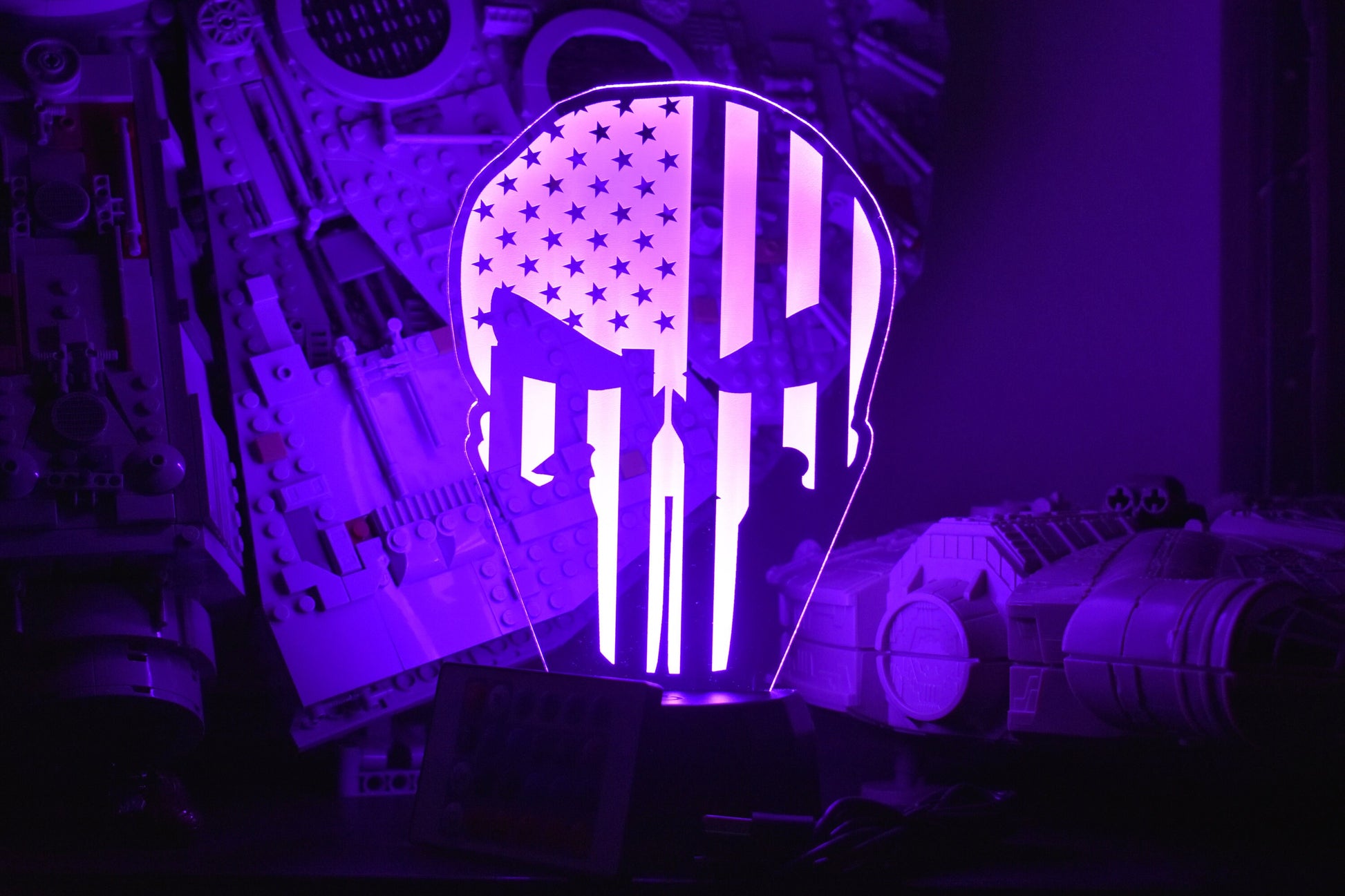 US Flag Punisher Skull LED Lamp perfect as a gift. Place in Man caves, bars, garages, desks.