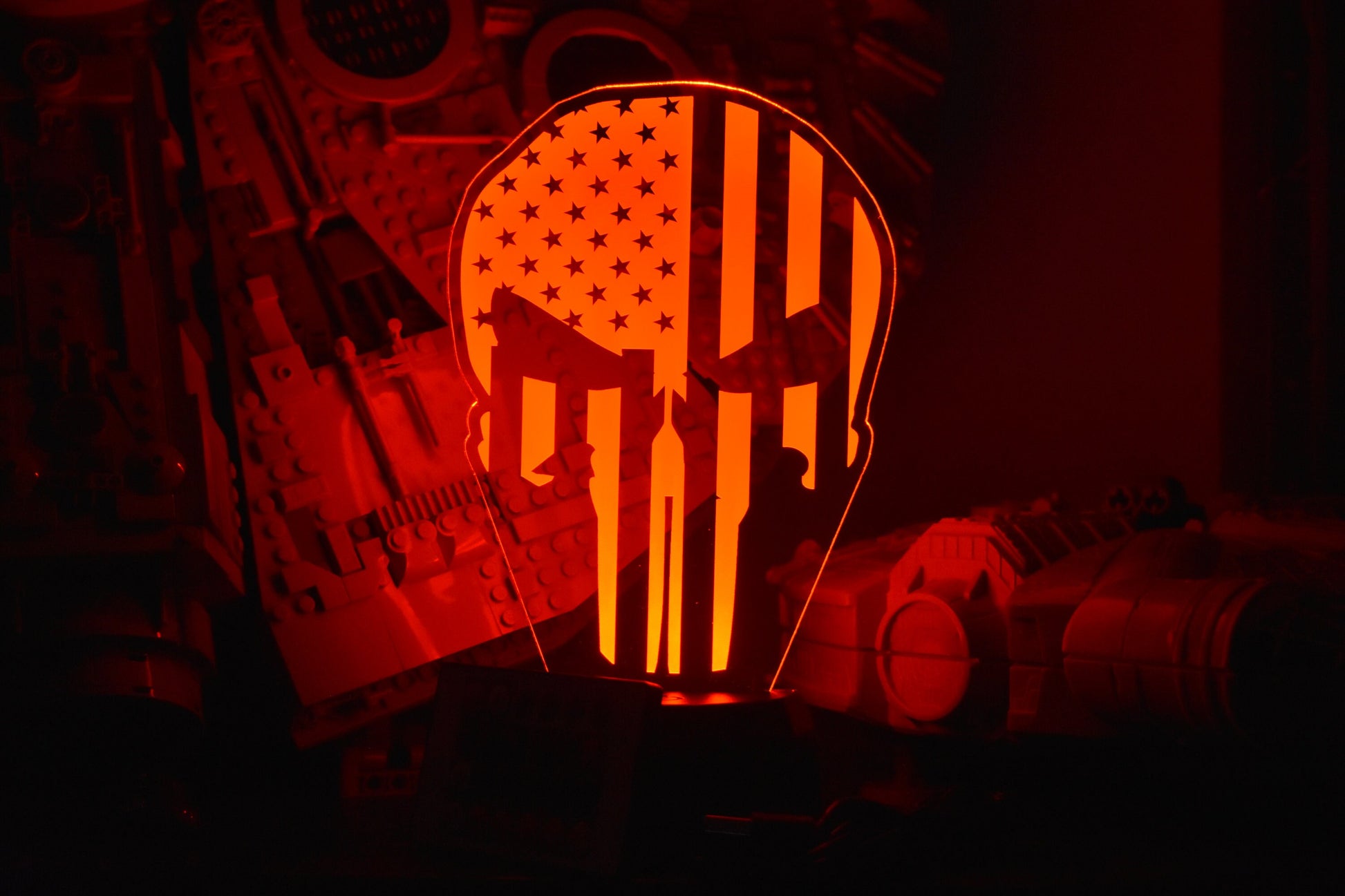 US Flag Punisher Skull LED Lamp perfect as a gift. Place in Man caves, bars, garages, desks.
