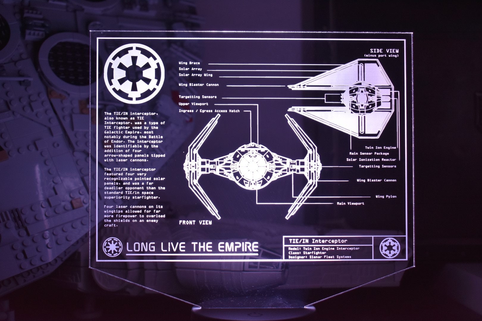 Tie/IN Interceptor Plans LED sign perfect as a gift for a Star Wars geeks. Place in Man caves, bars, garages, desks.