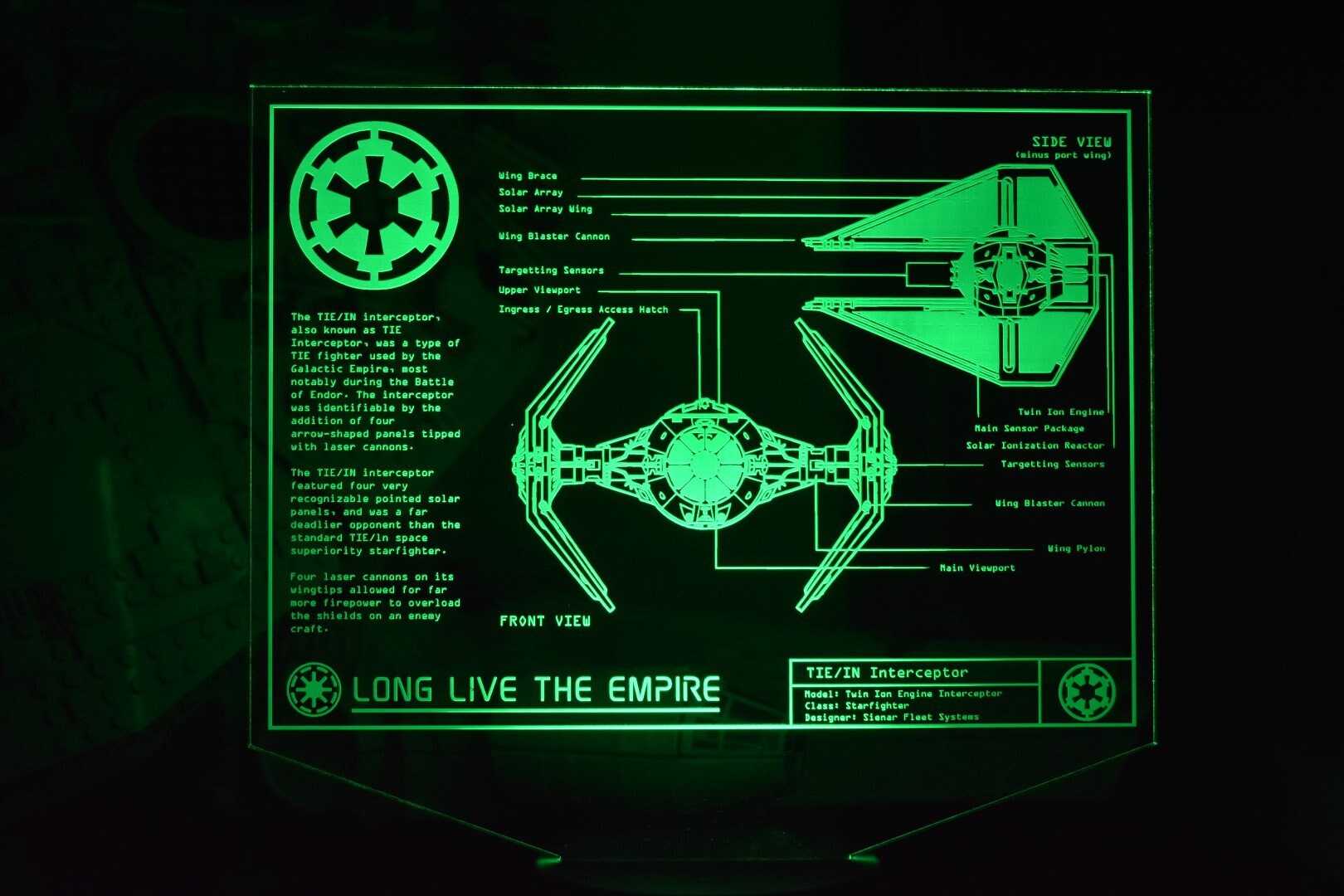 Tie/IN Interceptor Plans LED sign perfect as a gift for a Star Wars geeks. Place in Man caves, bars, garages, desks.