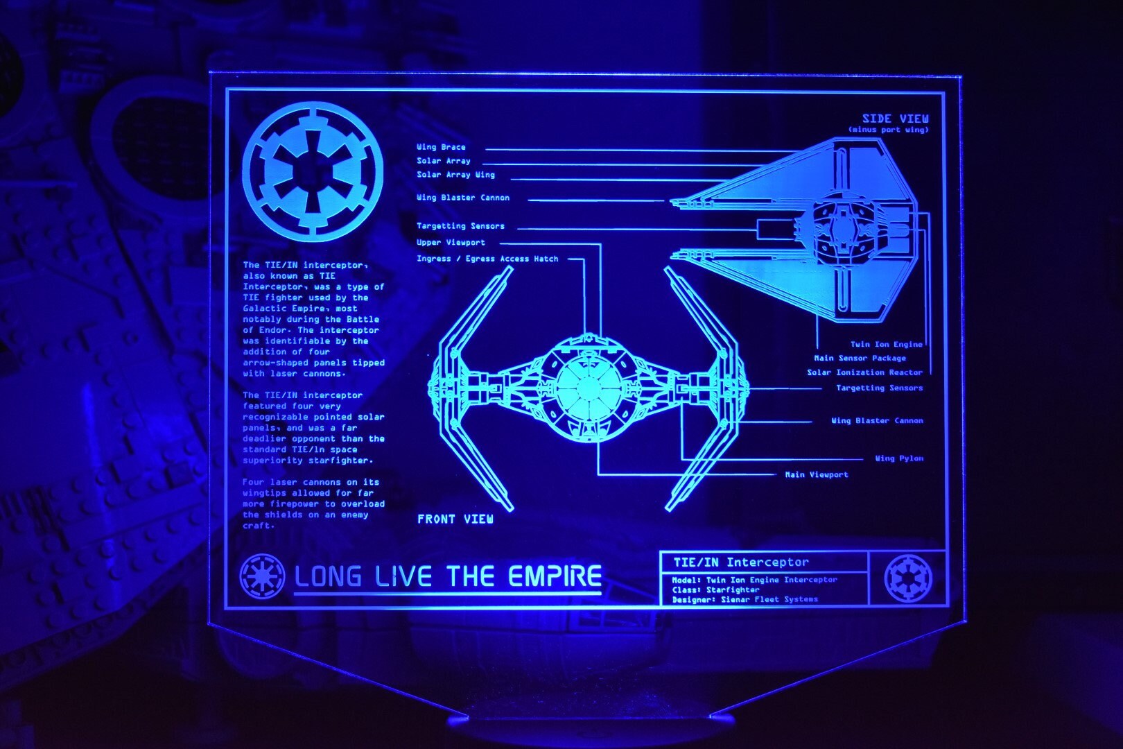 Tie/IN Interceptor Plans LED sign perfect as a gift for a Star Wars geeks. Place in Man caves, bars, garages, desks.
