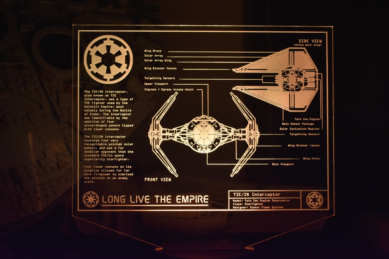 Tie/IN Interceptor Plans LED sign perfect as a gift for a Star Wars geeks. Place in Man caves, bars, garages, desks.