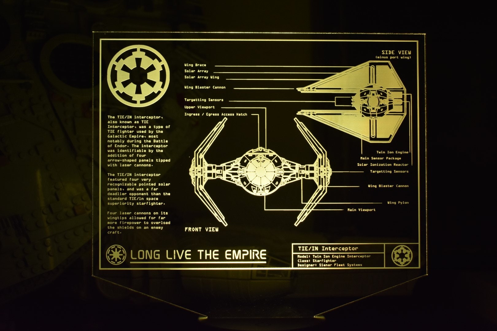 Tie/IN Interceptor Plans LED sign perfect as a gift for a Star Wars geeks. Place in Man caves, bars, garages, desks.