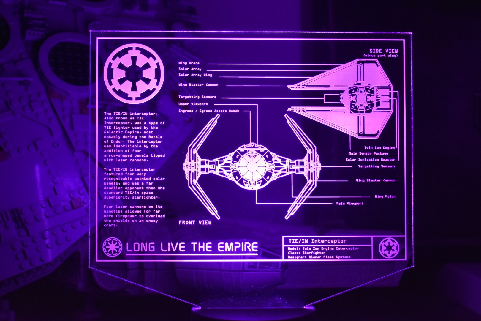 Tie/IN Interceptor Plans LED sign perfect as a gift for a Star Wars geeks. Place in Man caves, bars, garages, desks.