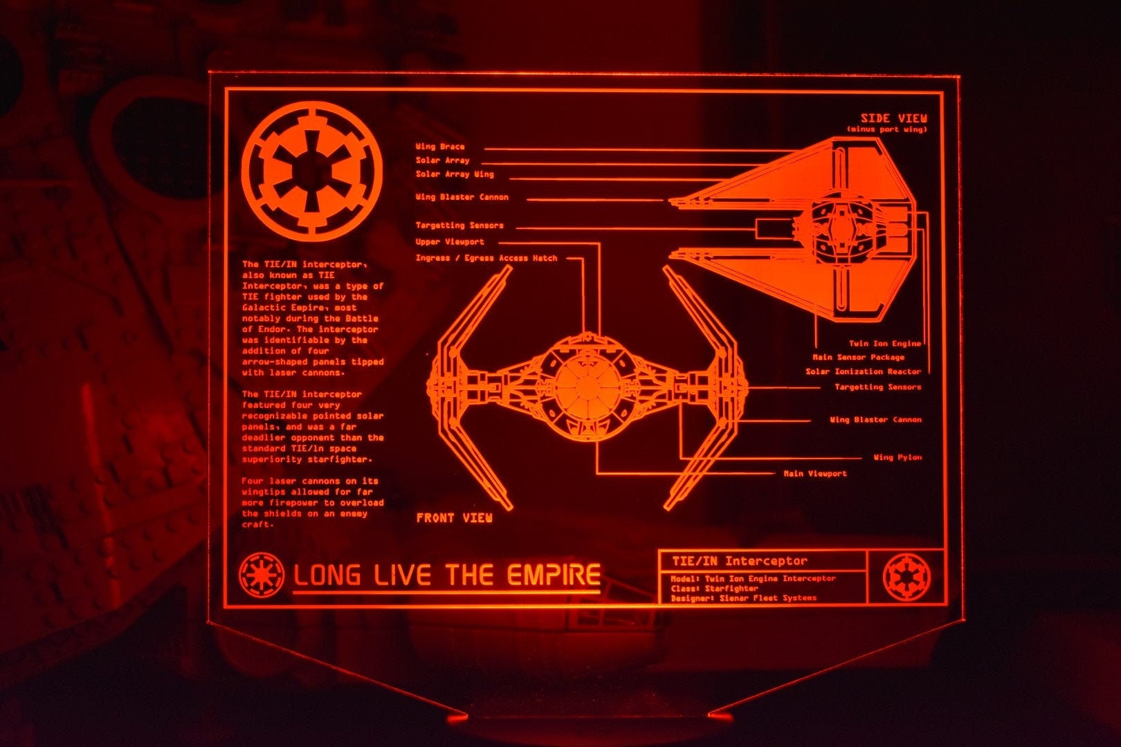 Tie/IN Interceptor Plans LED sign perfect as a gift for a Star Wars geeks. Place in Man caves, bars, garages, desks.