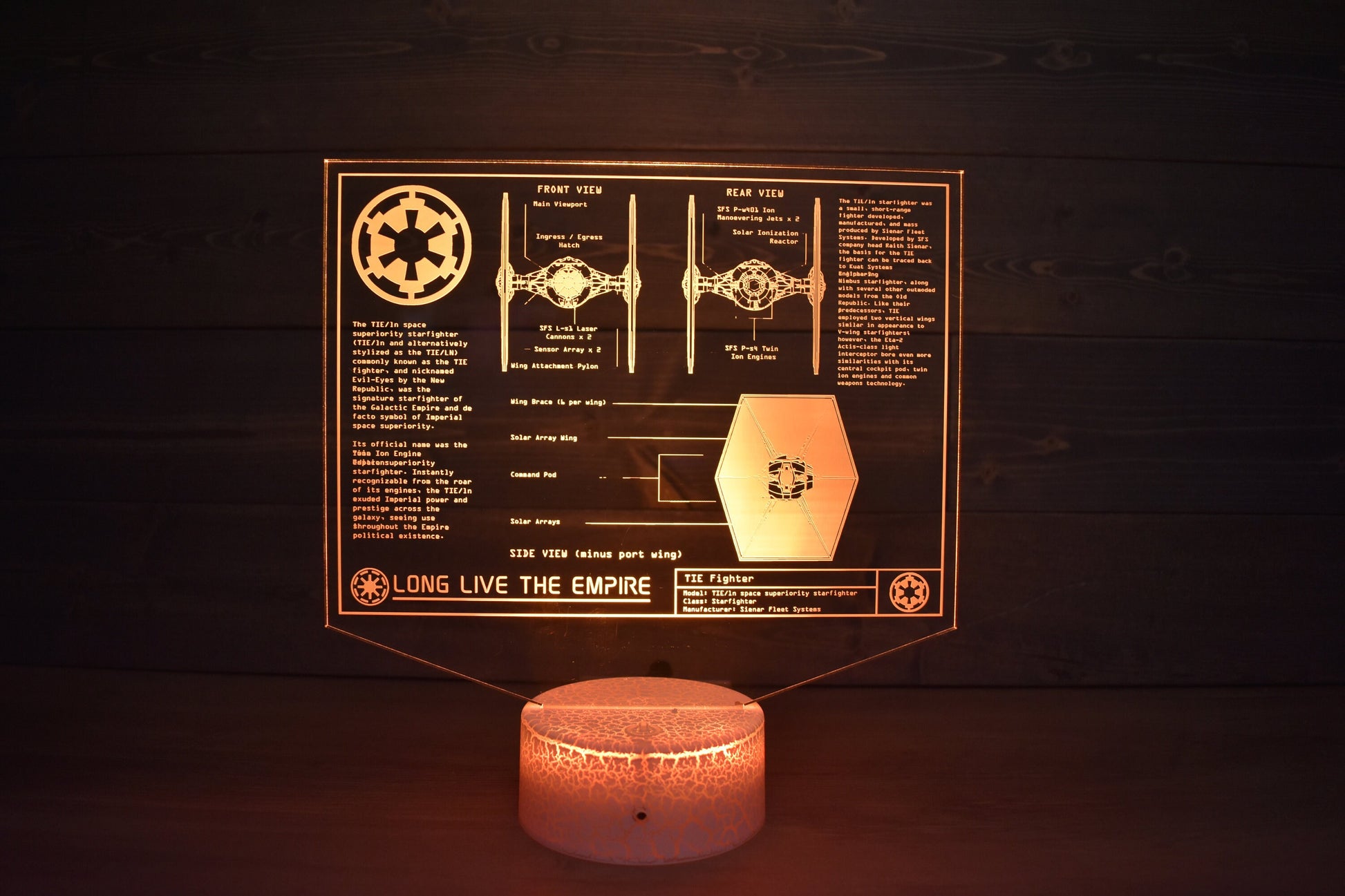 TIE/LN starfighter Plans LED sign perfect as a gift for a Star Wars geeks. Place in Man caves, bars, garages, desks, bed room.