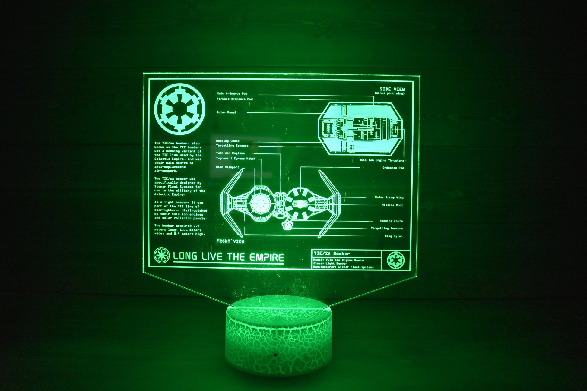 TIE/sa bomber Plans LED sign perfect as a gift for a Star Wars geeks. Place in Man caves, bars, garages, desks, bed room.
