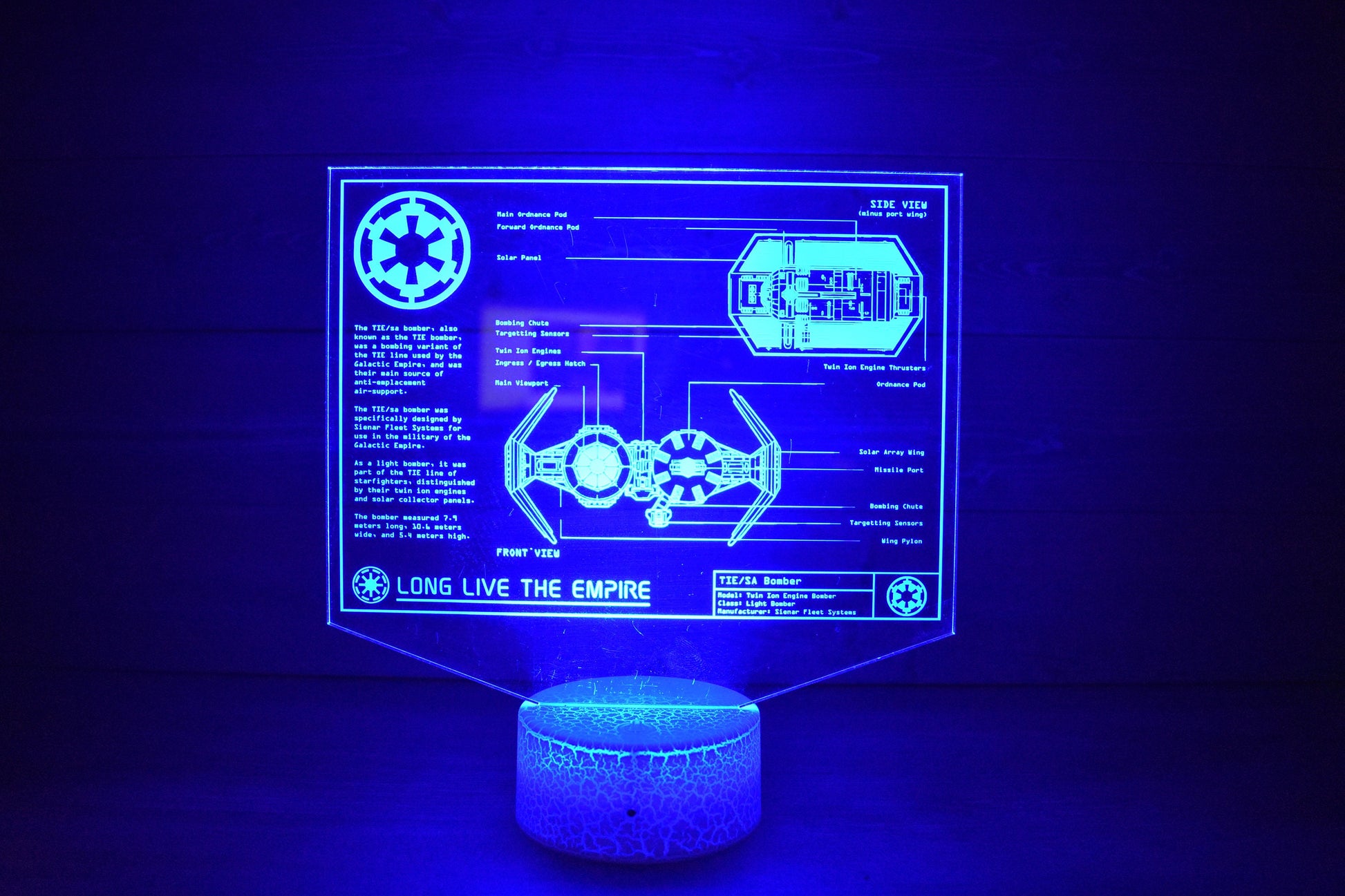 TIE/sa bomber Plans LED sign perfect as a gift for a Star Wars geeks. Place in Man caves, bars, garages, desks, bed room.