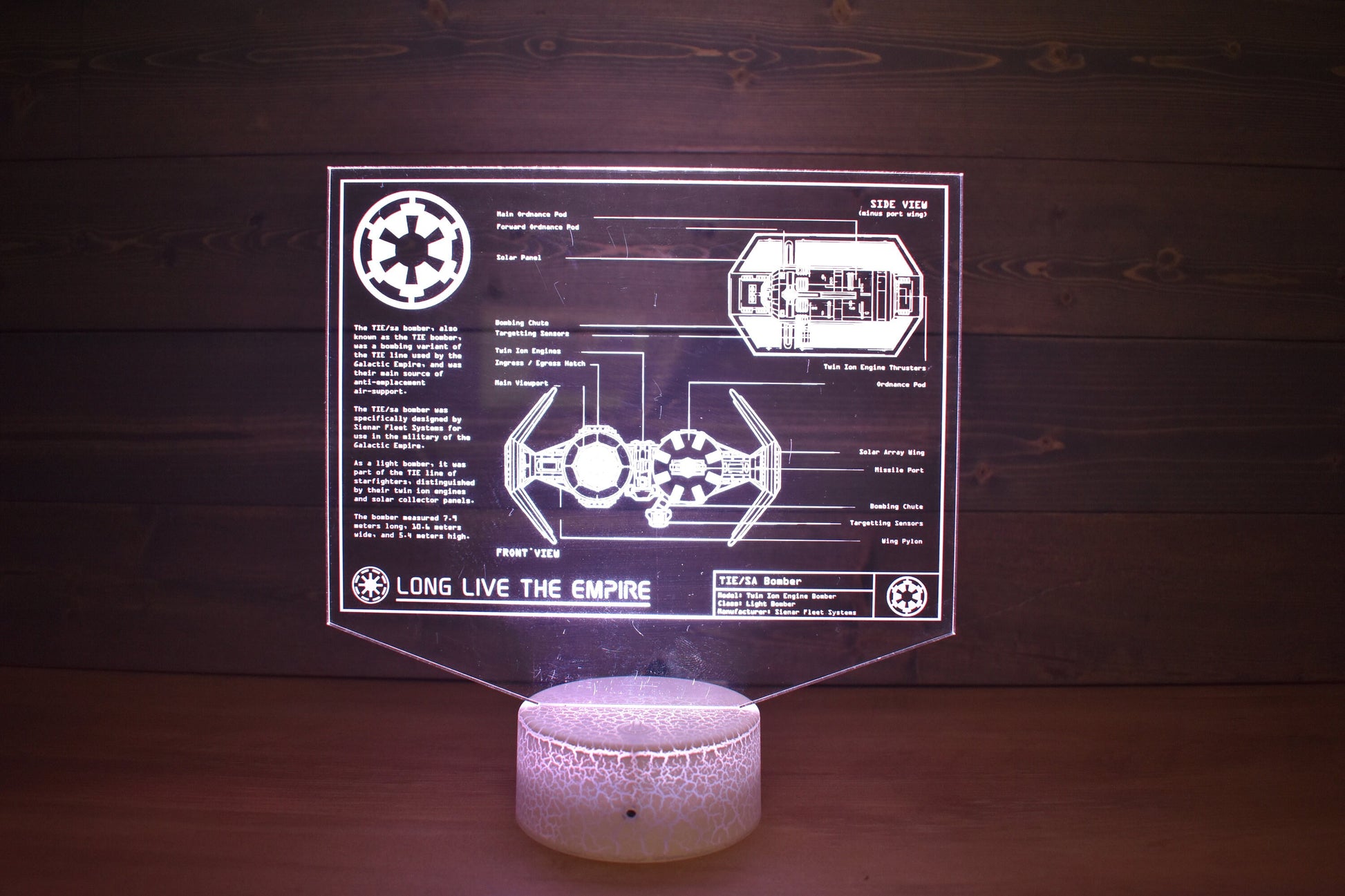 TIE/sa bomber Plans LED sign perfect as a gift for a Star Wars geeks. Place in Man caves, bars, garages, desks, bed room.