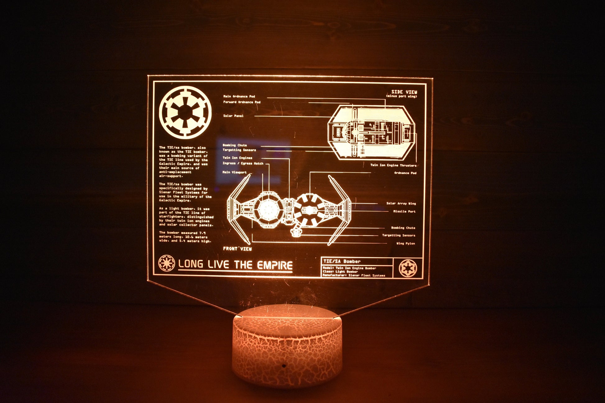 TIE/sa bomber Plans LED sign perfect as a gift for a Star Wars geeks. Place in Man caves, bars, garages, desks, bed room.