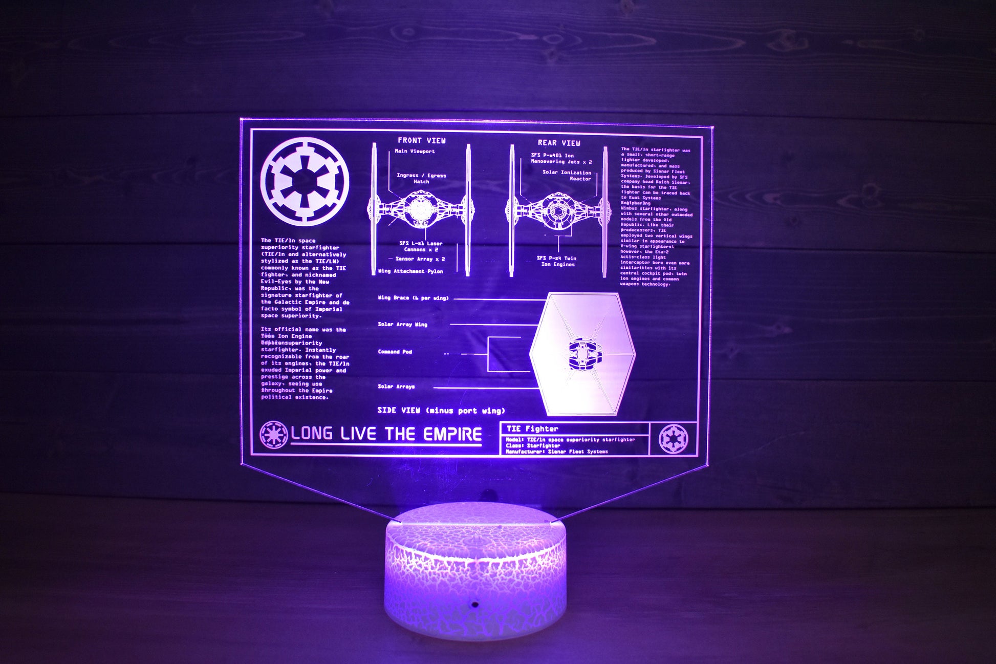 TIE/LN starfighter Plans LED sign perfect as a gift for a Star Wars geeks. Place in Man caves, bars, garages, desks, bed room.