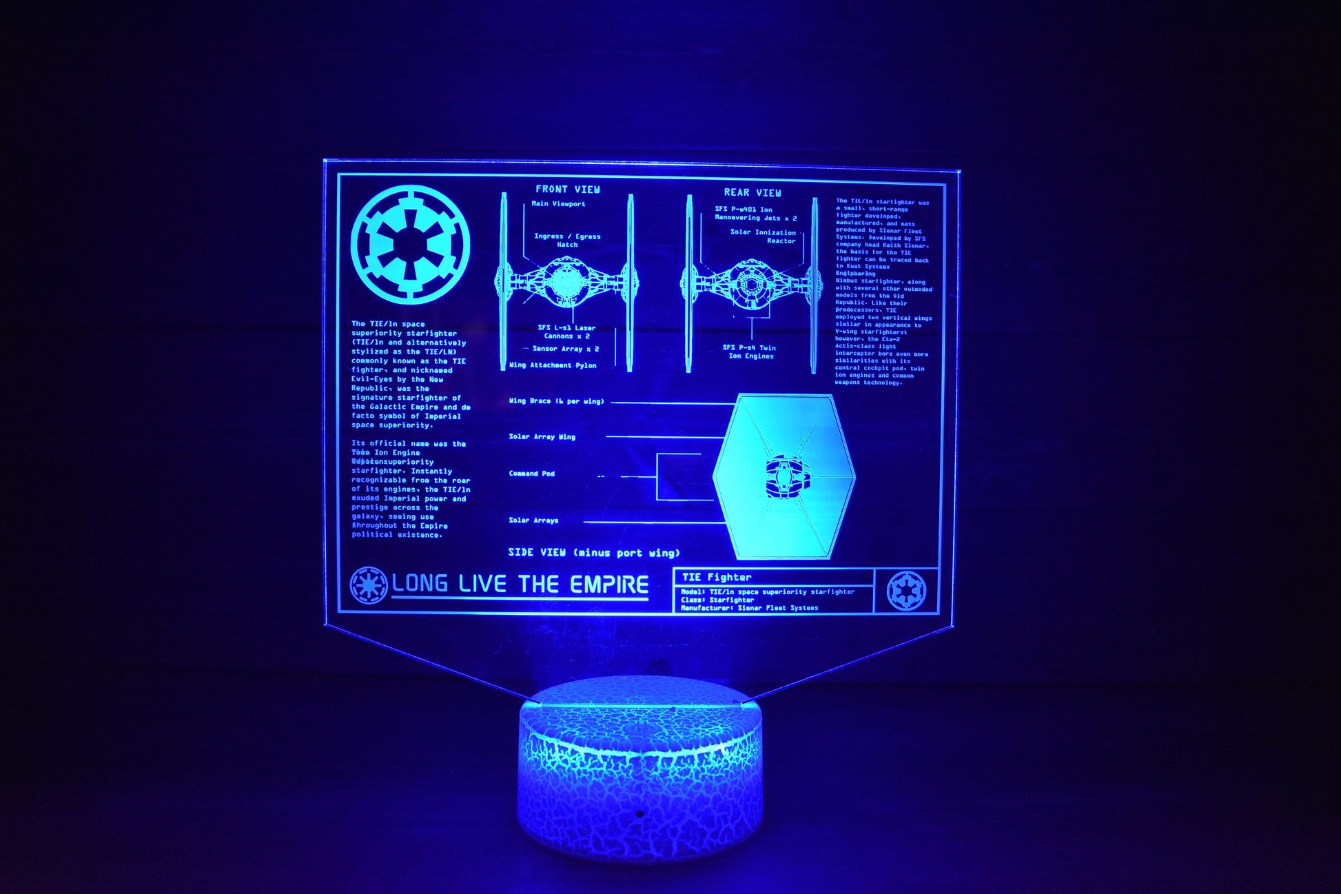 TIE/LN starfighter Plans LED sign perfect as a gift for a Star Wars geeks. Place in Man caves, bars, garages, desks, bed room.