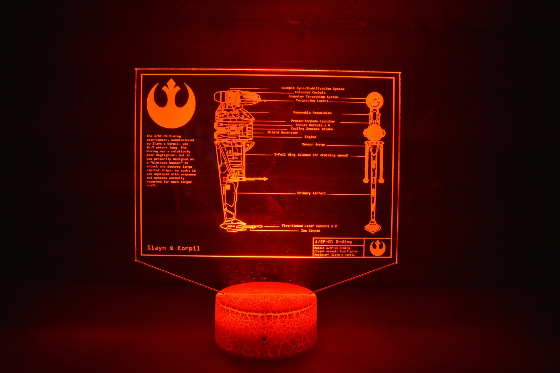A/SF-01 B-wing starfighter Plans LED sign perfect as a gift for a Star Wars geeks. Place in Man caves, bars, garages, desks, bed room.