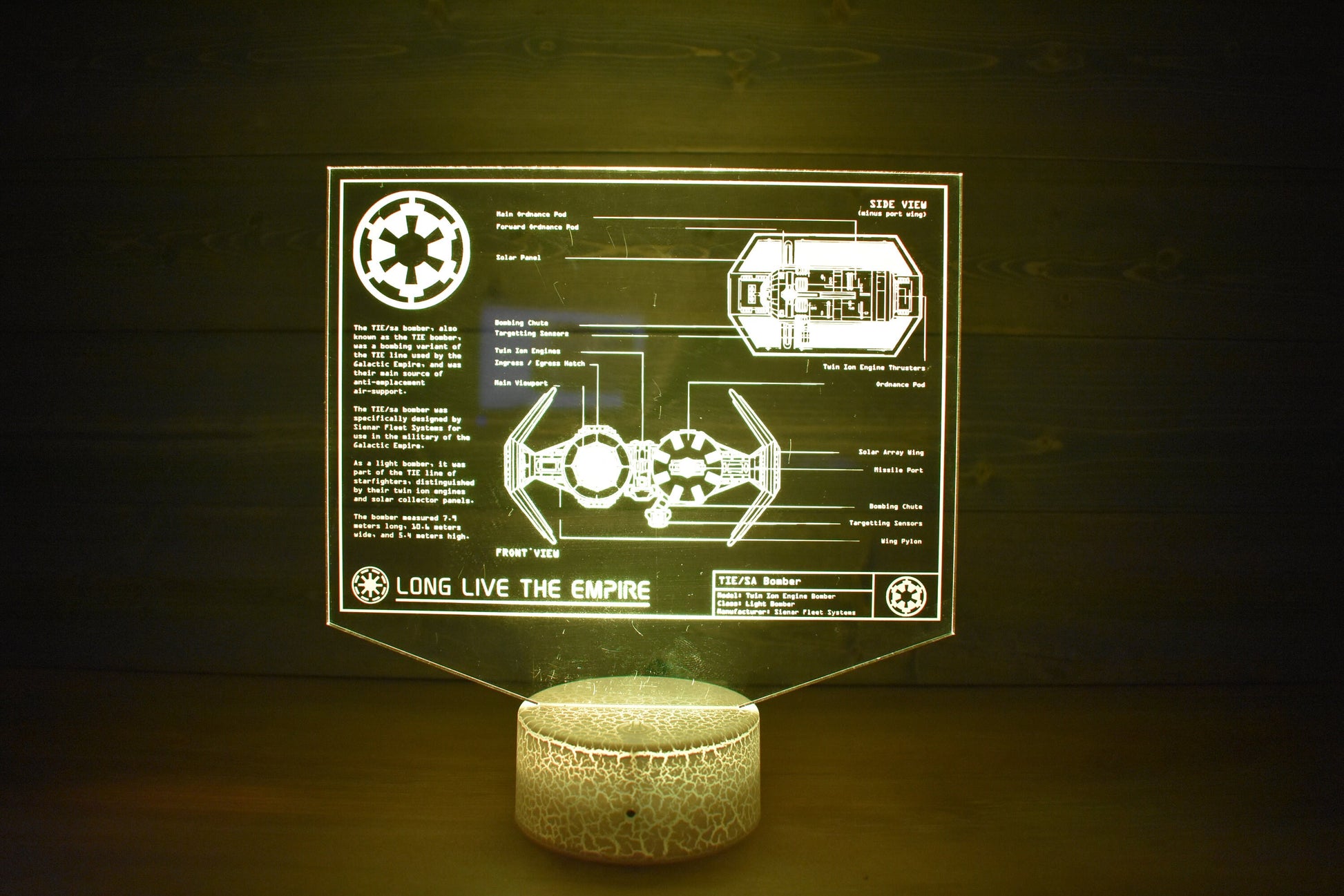 TIE/sa bomber Plans LED sign perfect as a gift for a Star Wars geeks. Place in Man caves, bars, garages, desks, bed room.