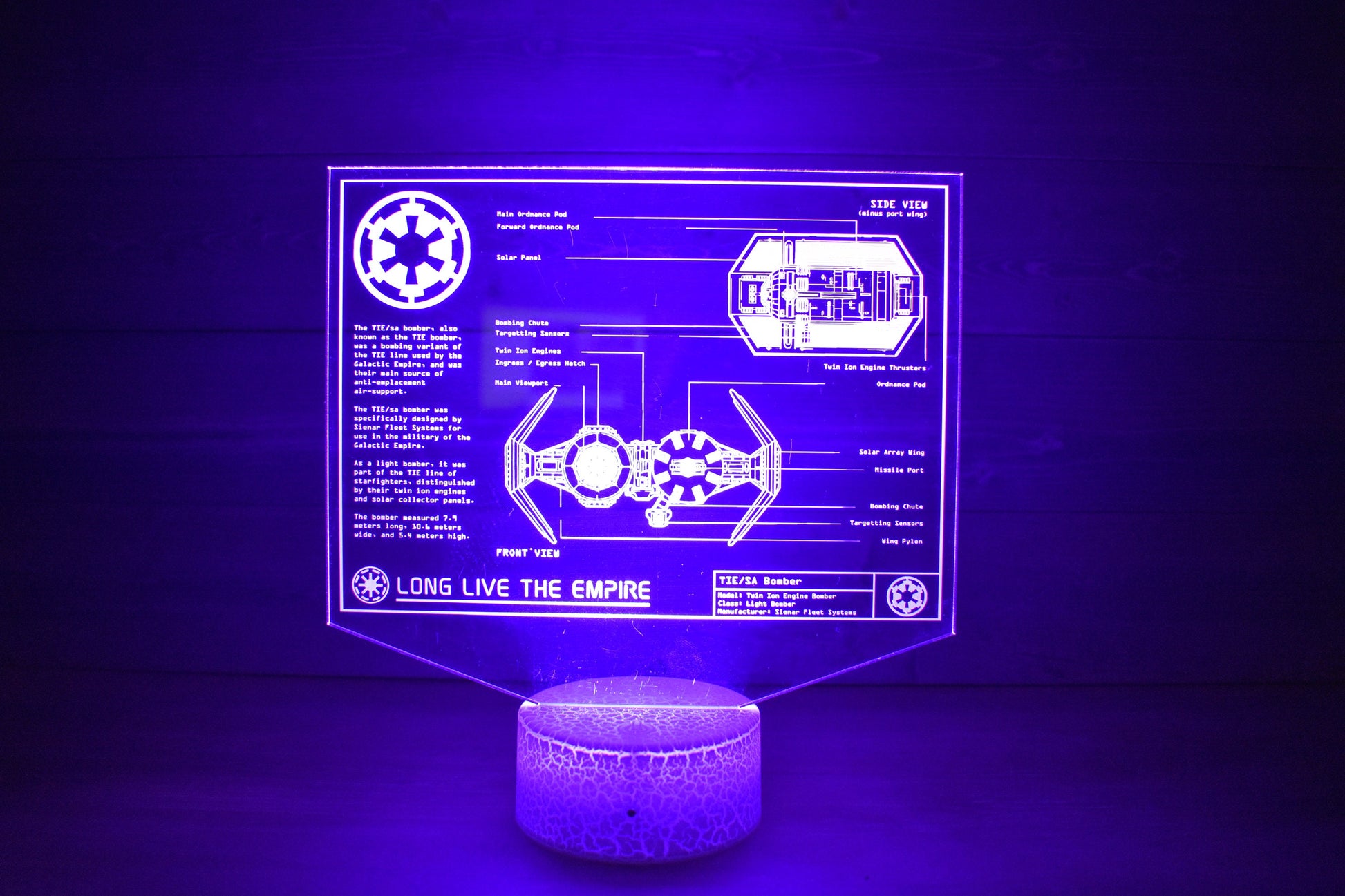 TIE/sa bomber Plans LED sign perfect as a gift for a Star Wars geeks. Place in Man caves, bars, garages, desks, bed room.