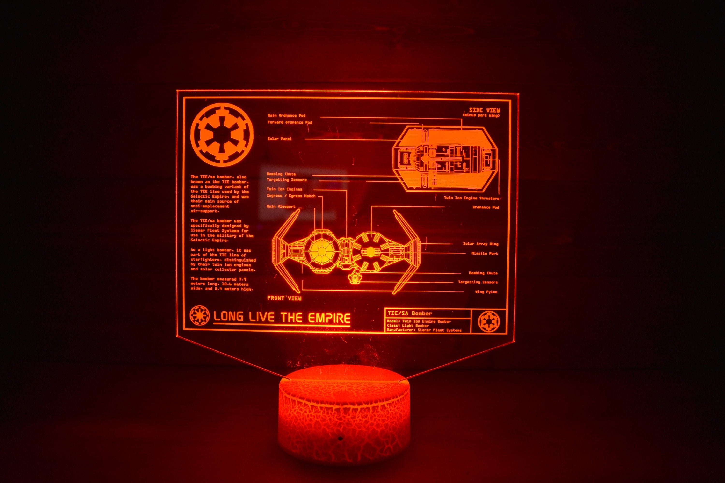TIE/sa bomber Plans LED sign perfect as a gift for a Star Wars geeks. Place in Man caves, bars, garages, desks, bed room.