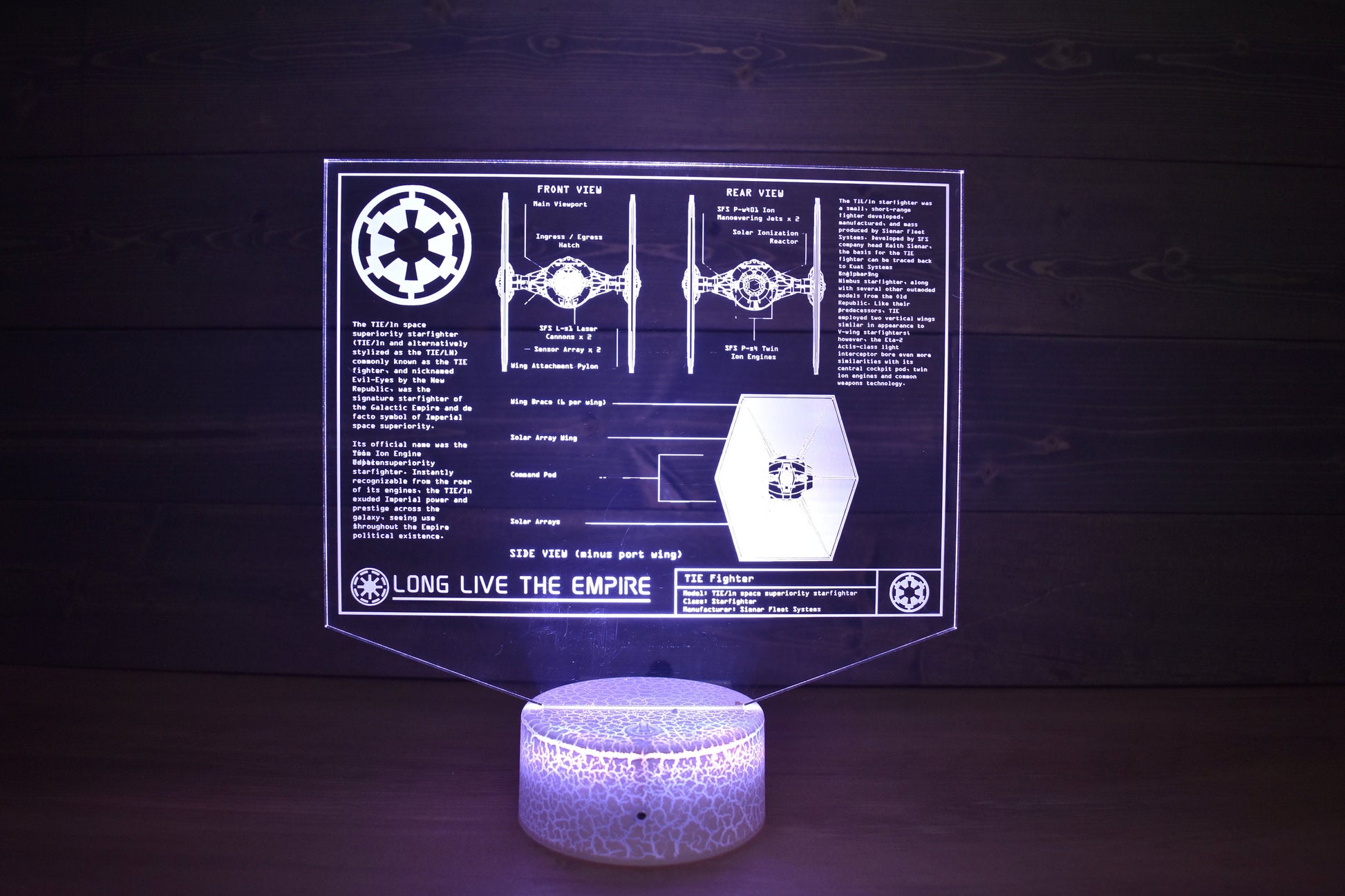 TIE/LN starfighter Plans LED sign perfect as a gift for a Star Wars geeks. Place in Man caves, bars, garages, desks, bed room.