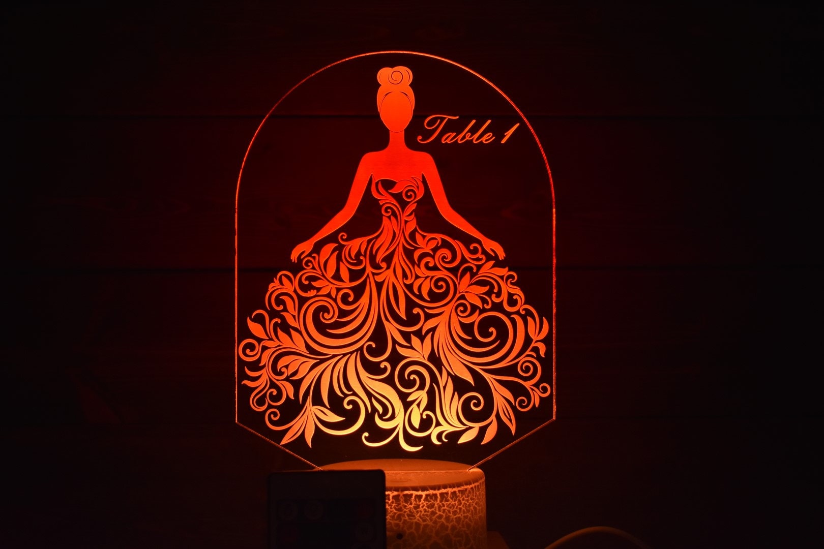 Bride in Flower Dress Table Marker can be customized for font and message on the lamp w/ List of Table Members
