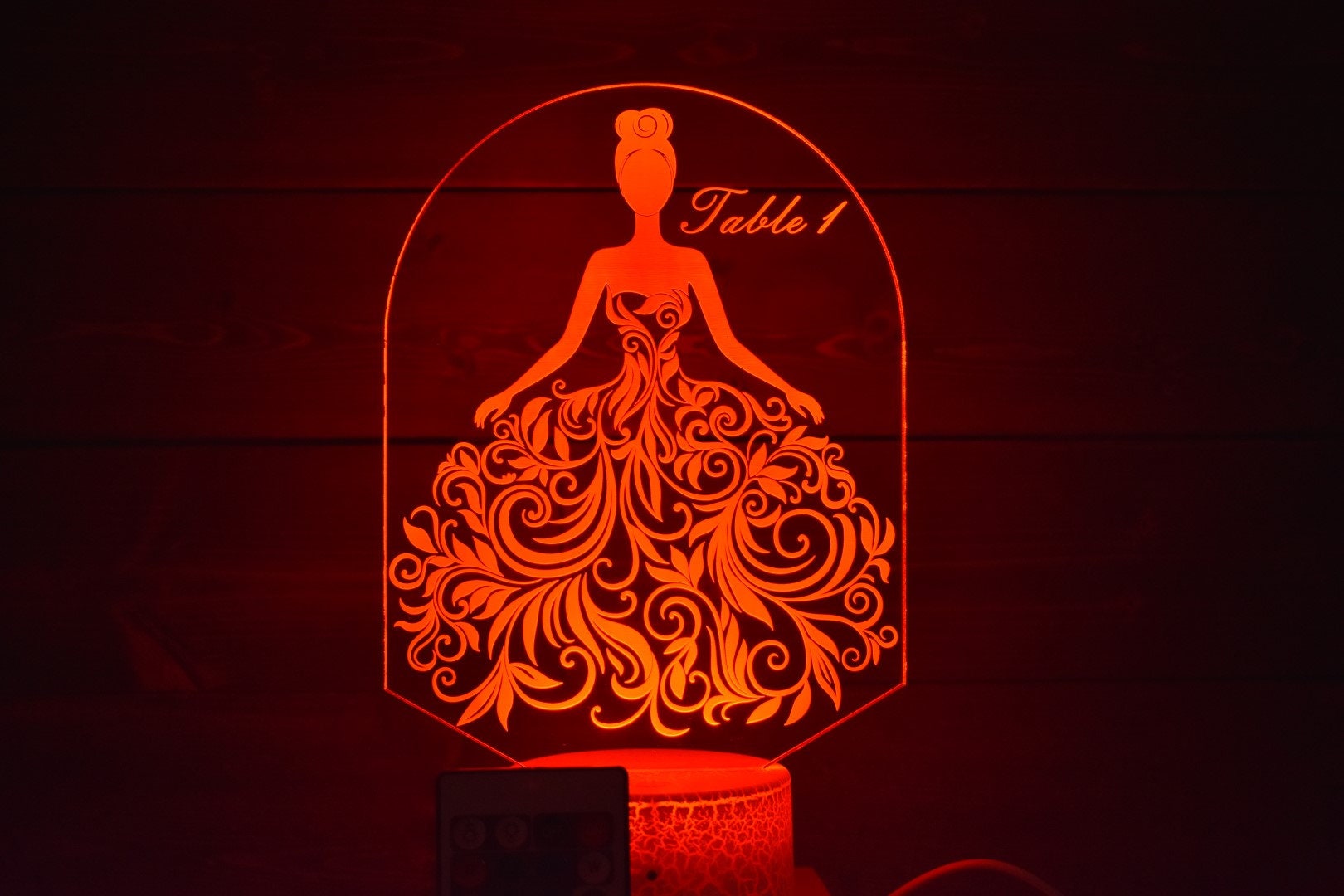 Bride in Flower Dress Table Marker can be customized for font and message on the lamp w/ List of Table Members