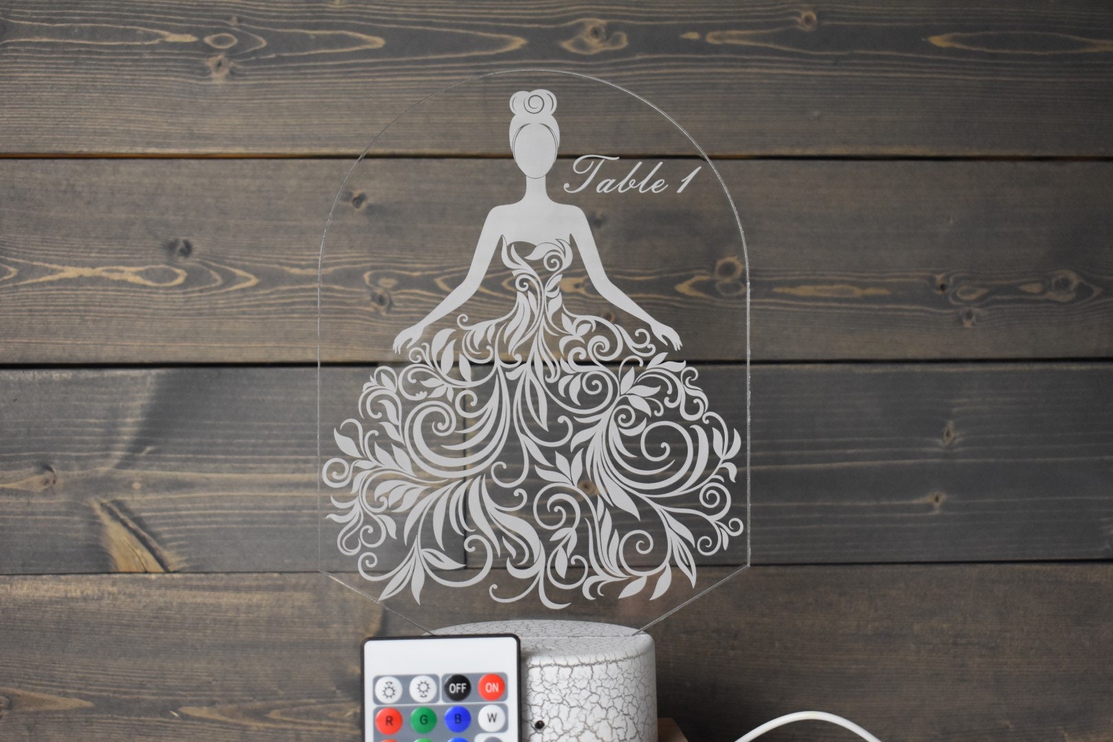 Bride in Flower Dress Table Marker can be customized for font and message on the lamp w/ List of Table Members