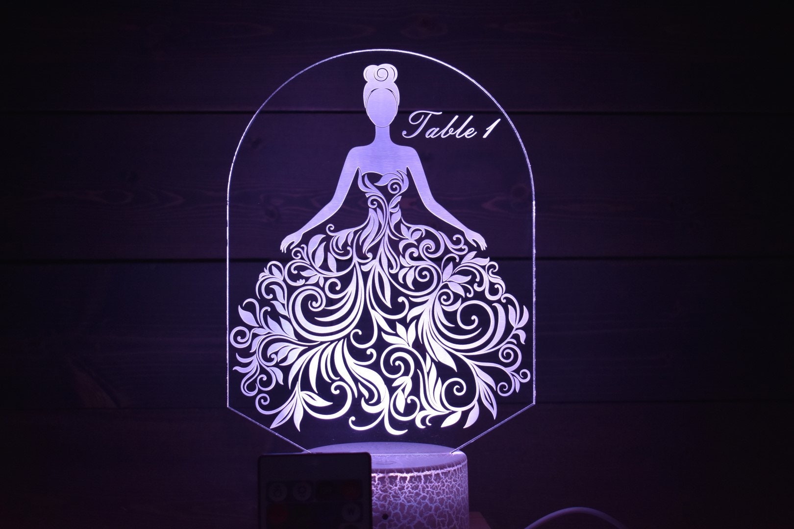 Bride in Flower Dress Table Marker can be customized for font and message on the lamp w/ List of Table Members