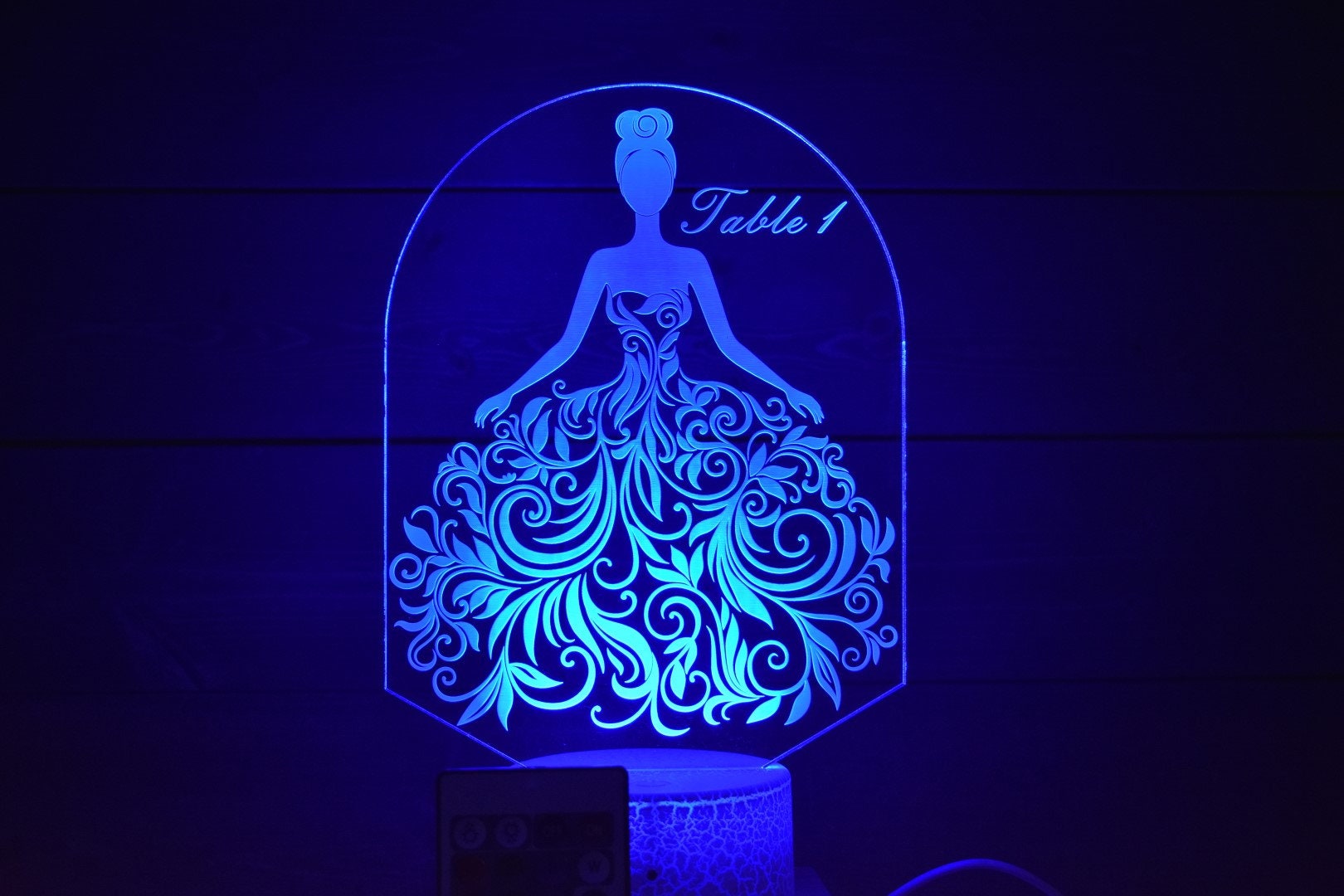Bride in Flower Dress Table Marker can be customized for font and message on the lamp w/ List of Table Members