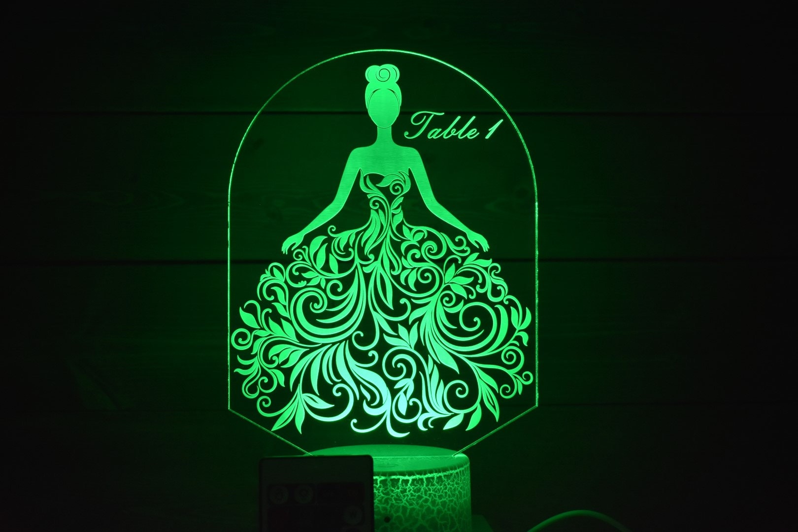 Bride in Flower Dress Table Marker can be customized for font and message on the lamp w/ List of Table Members