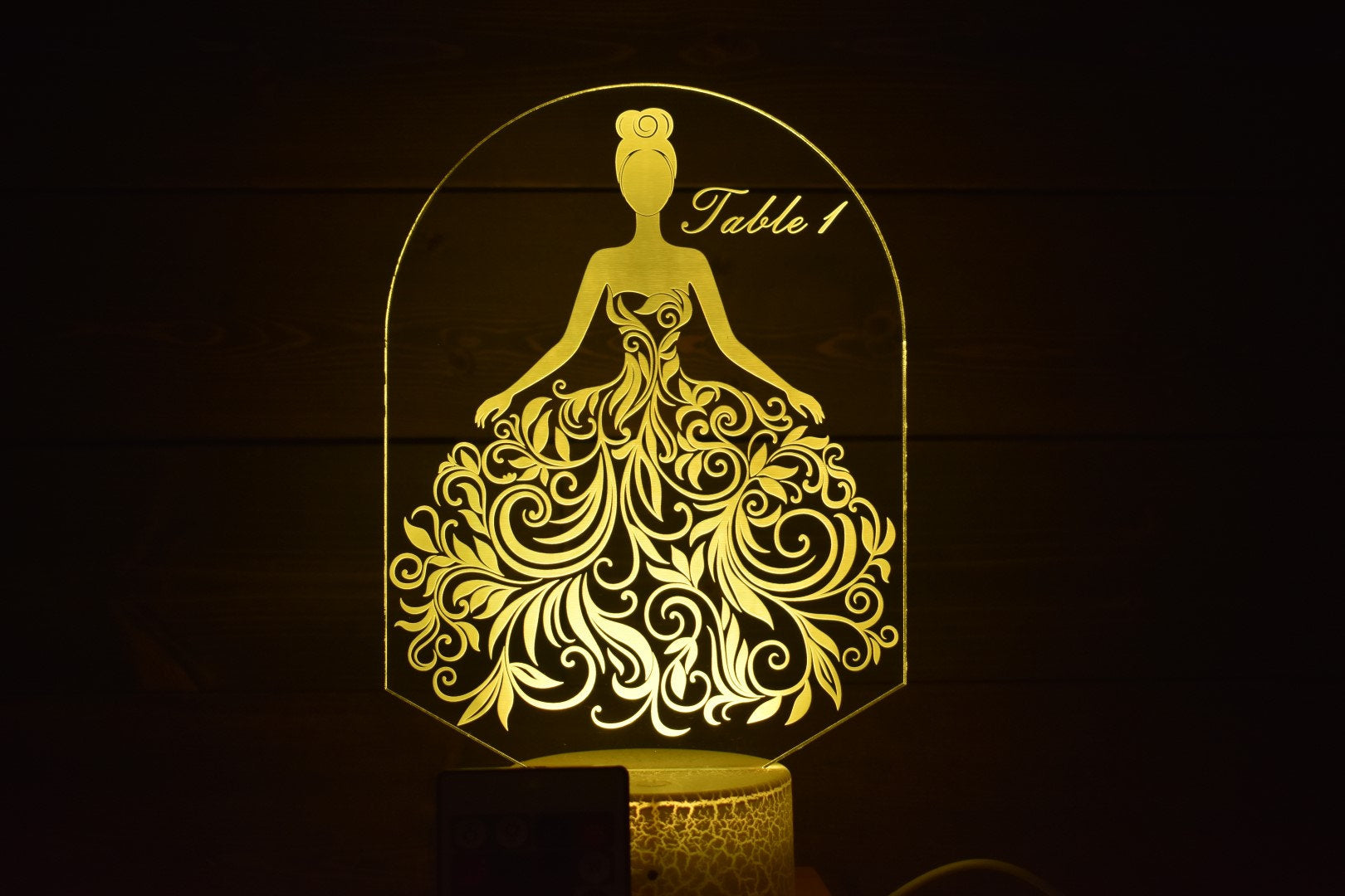Bride in Flower Dress Table Marker can be customized for font and message on the lamp w/ List of Table Members