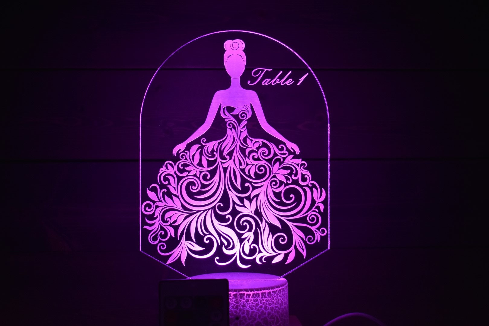 Bride in Flower Dress Table Marker can be customized for font and message on the lamp w/ List of Table Members